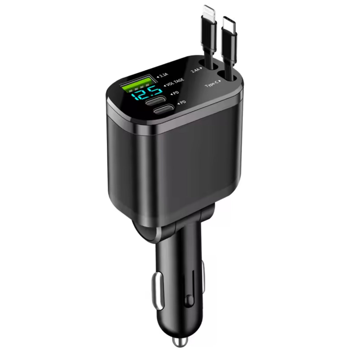 Black car charger with digital display on a white background
