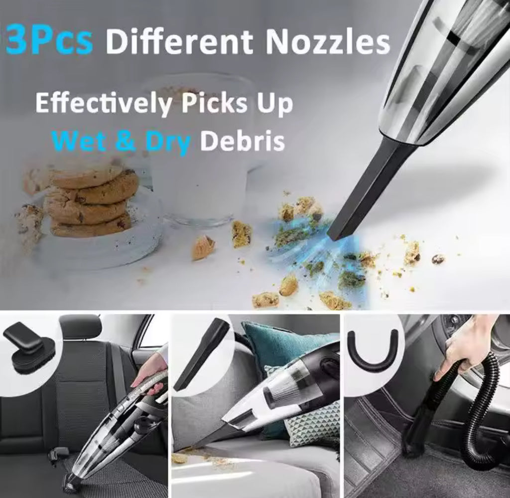 Multifunctional vacuum cleaner with different nozzles cleaning various surfaces.