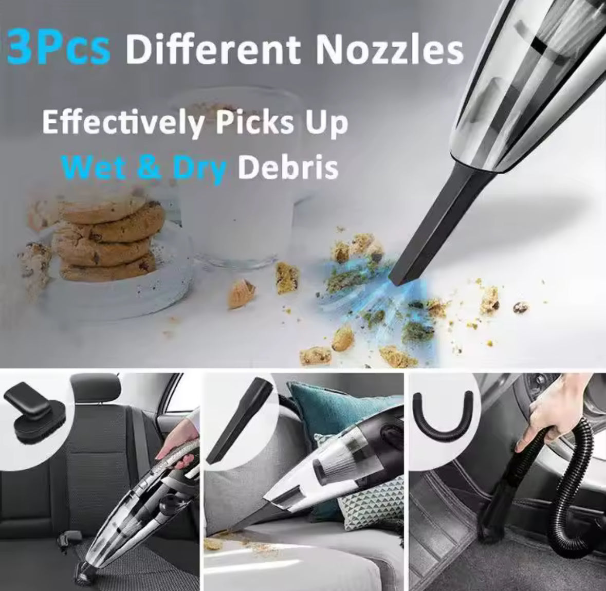 Multifunctional vacuum cleaner with different nozzles cleaning various surfaces.
