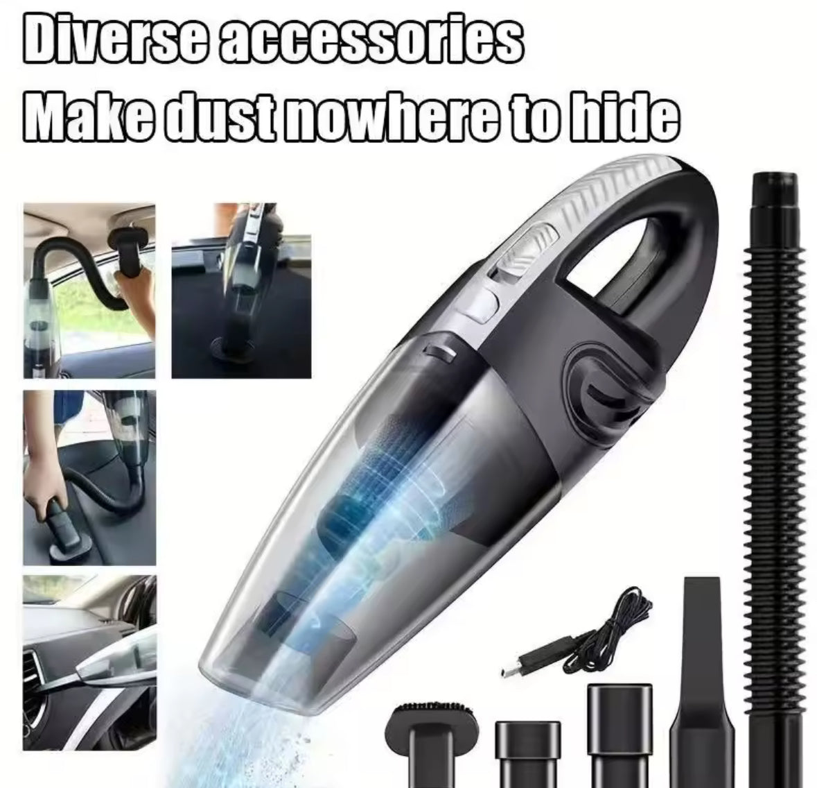 Handheld vacuum cleaner with various attachments and text 'Diverse accessories Make dust nowhere to hide' on a white background.