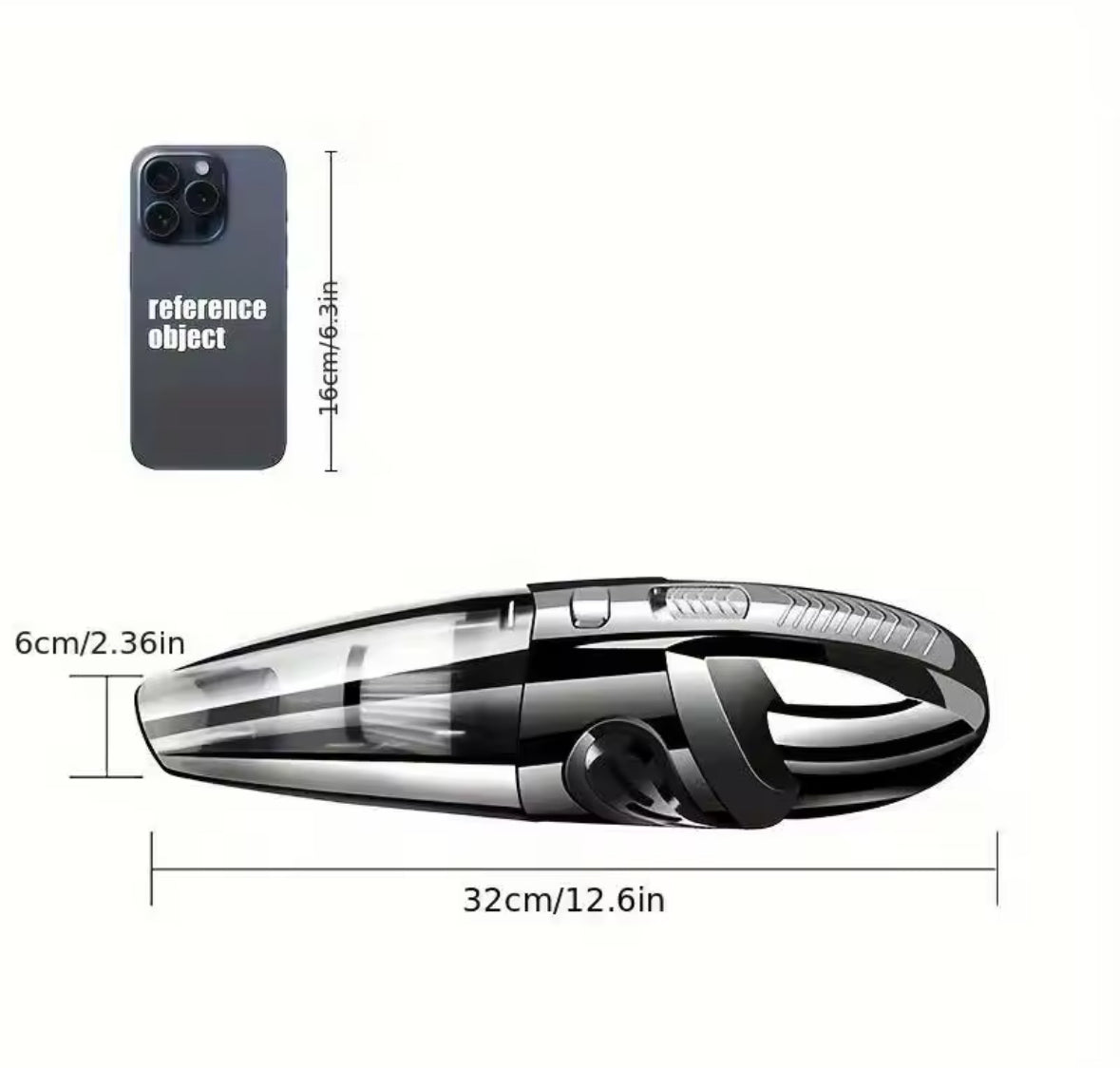 Handheld vacuum cleaner with dimensions labeled next to a smartphone for scale.