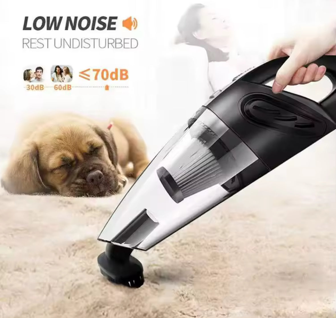 Handheld vacuum cleaner on a carpet with a dog in the background, emphasizing low noise level.
