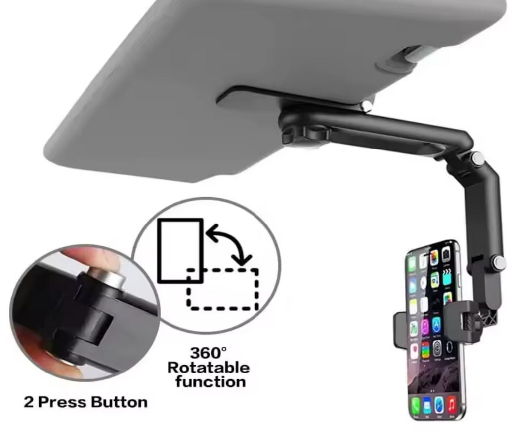 Car visor mount with 360-degree rotatable function and phone holder attachment.