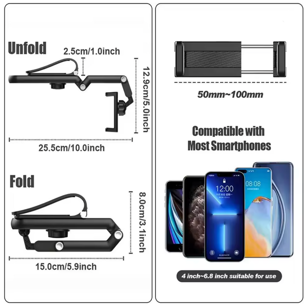 Smartphone holder with dimensions and compatibility information on a white background