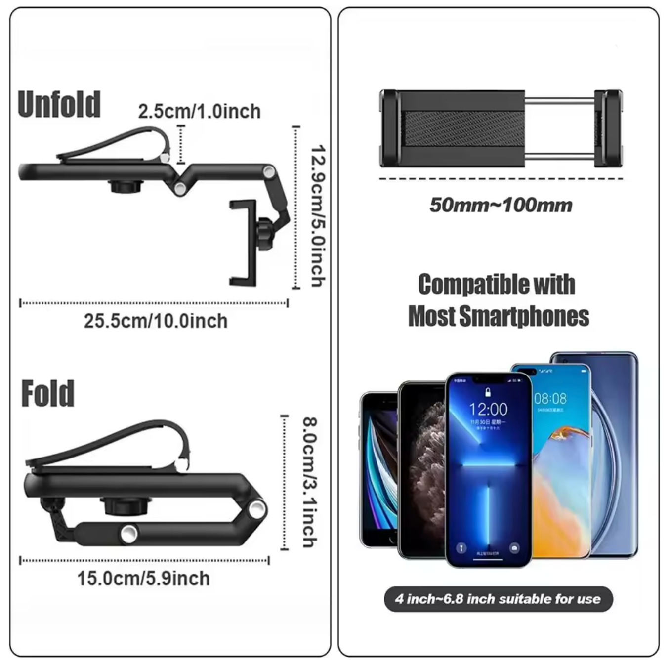 Smartphone holder with dimensions and compatibility information on a white background