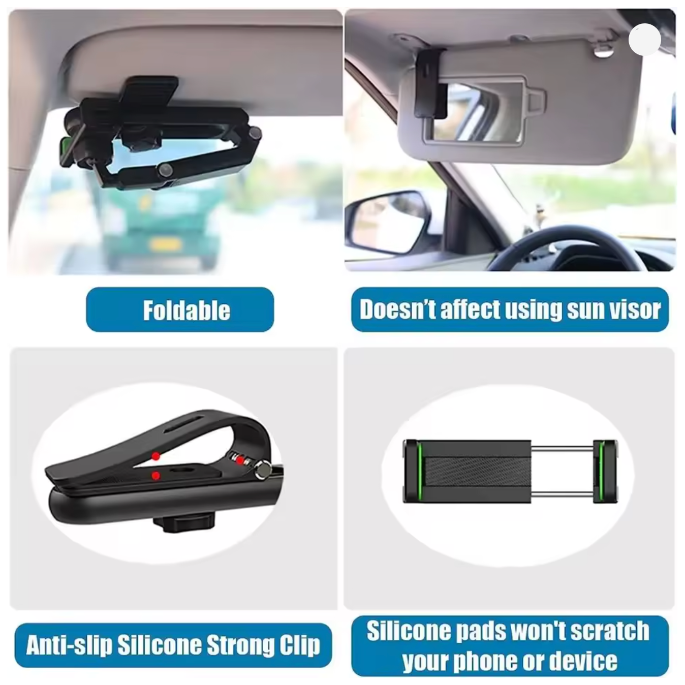 Car phone holder with features highlighted on a white background