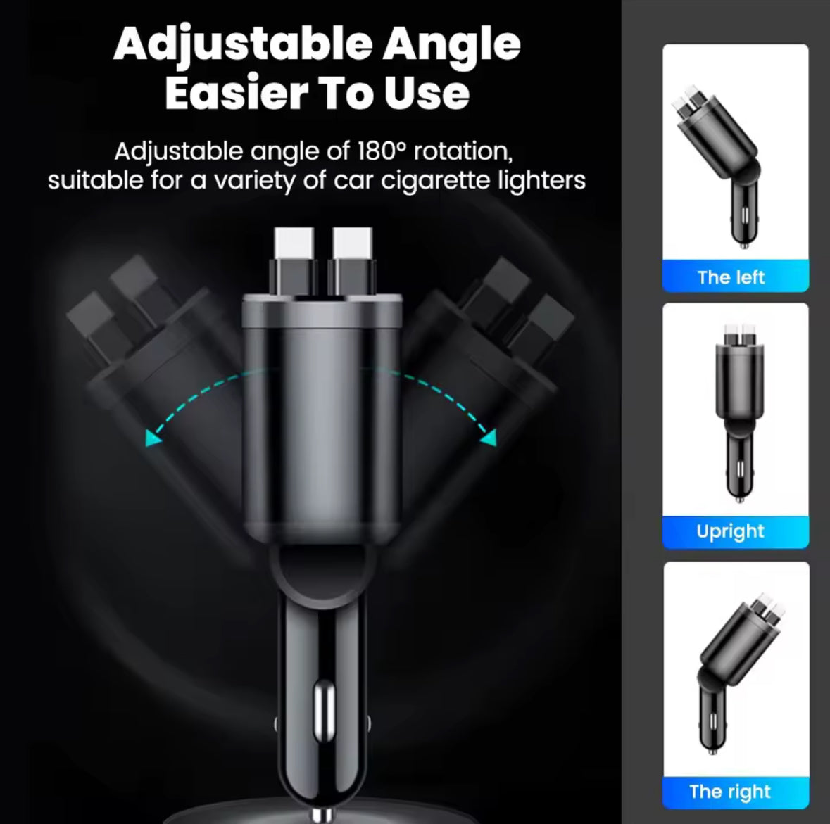 Car lighter adapter with adjustable angle feature on a black background
