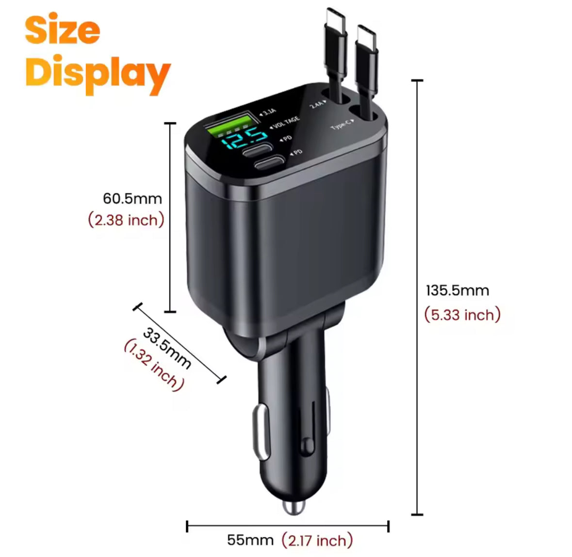 Black car charger with digital display and USB ports, showing measurements on a white background.