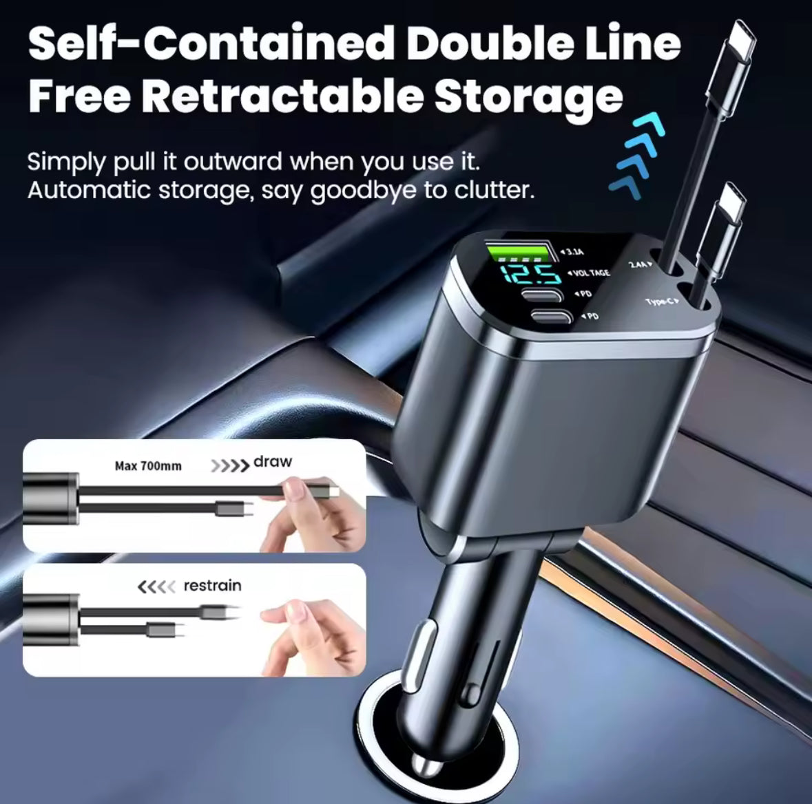 Car charger with retractable storage feature on a dark background