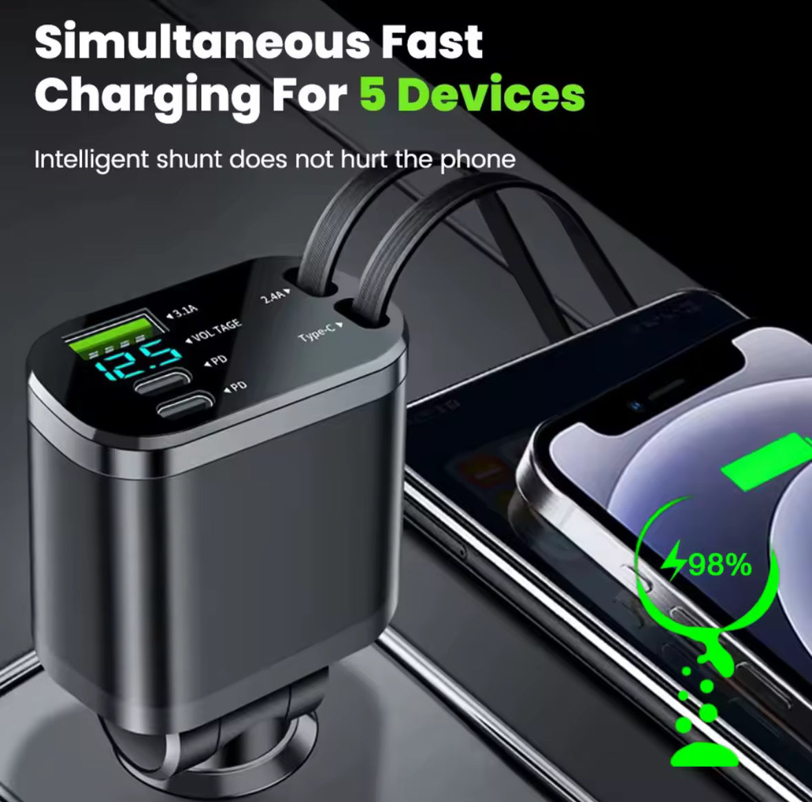 Multi-device charging adapter with digital display and smartphone showing battery charge.